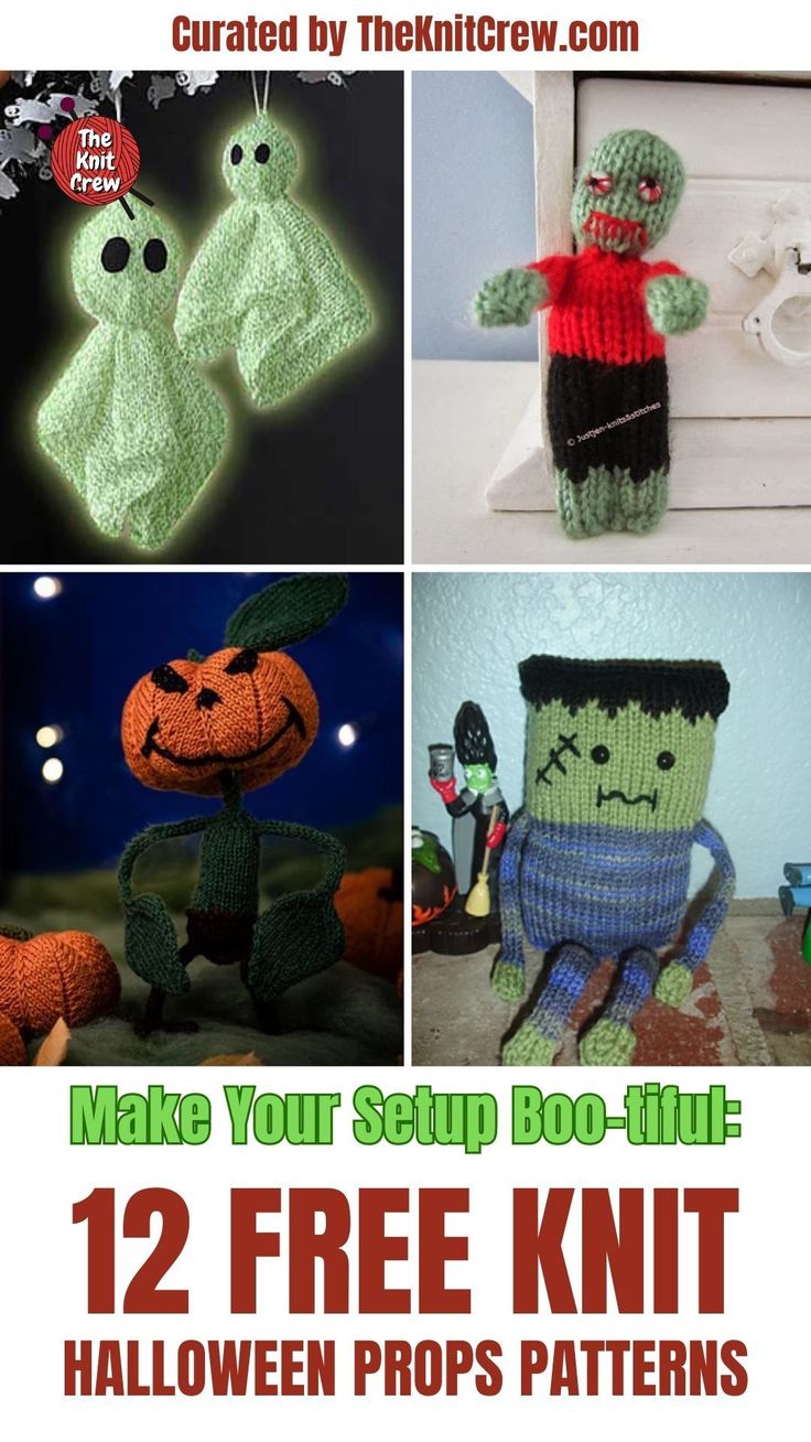 knitted halloween items with text that reads, make your setup boo - thue 12 free knit halloween props patterns