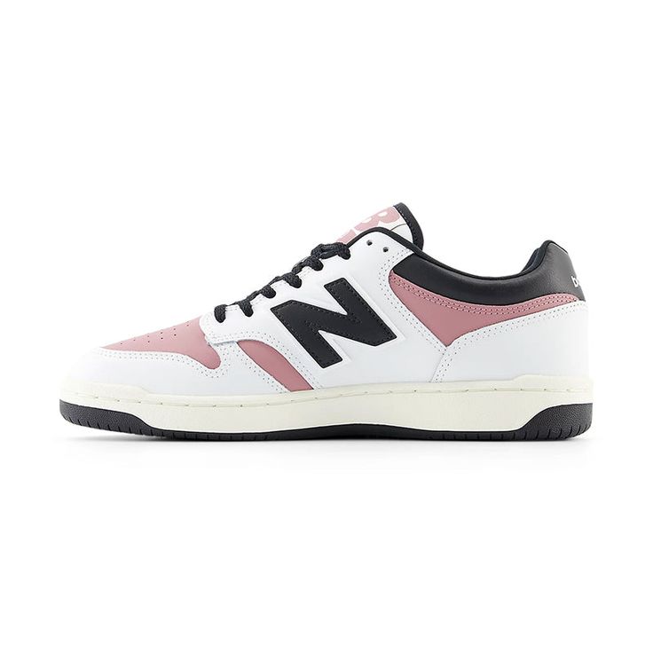 Women's New Balance 480 - White/Rosewood/Black Inspired by the iconic BB680, the Adult New Balance 480 Shoes have a heritage that can trace its roots back to the basketball courts. These New Balance shoes provide superior stability with a flextended saddle and a sturdy heel counter. The upper is crafted from high-quality leather, while the outsole is made from durable rubber. With a lace-up closure, these shoes ensure a secure fit for maximum comfort and performance. For a must-have lifestyle sn Pink New Balance Synthetic Sneakers, New Balance 480, Basketball Courts, Balance Shoes, Black Inspiration, Girls Sandals, New Balance Shoes, Kids Socks, Athletic Sneakers