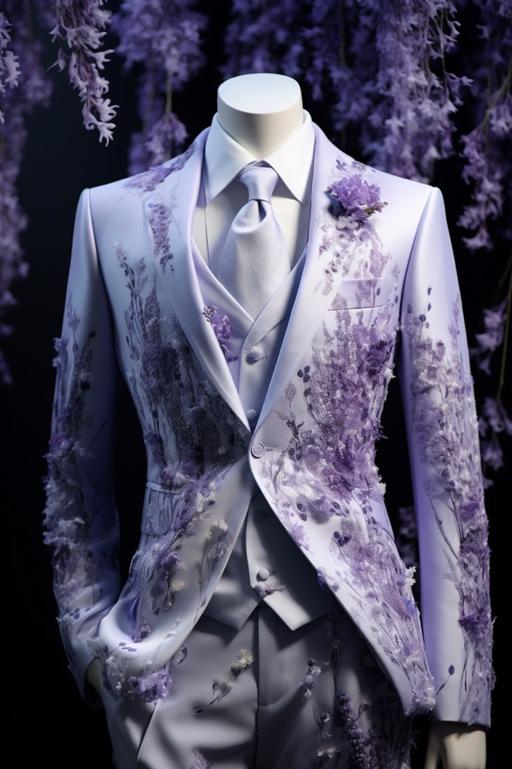 a white suit with purple flowers on it