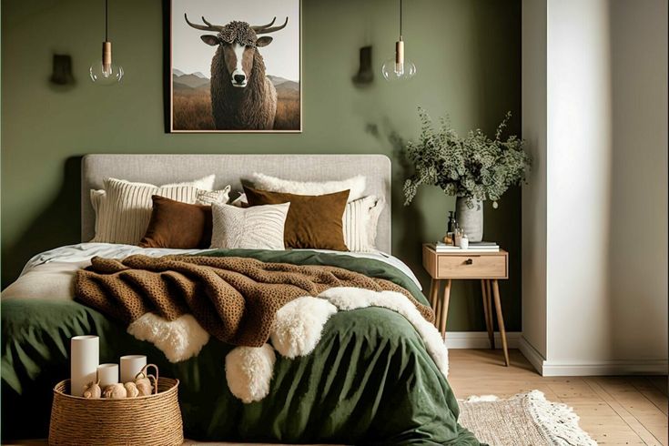 a bedroom with green walls and a bed covered in blankets, pillows and throw rugs