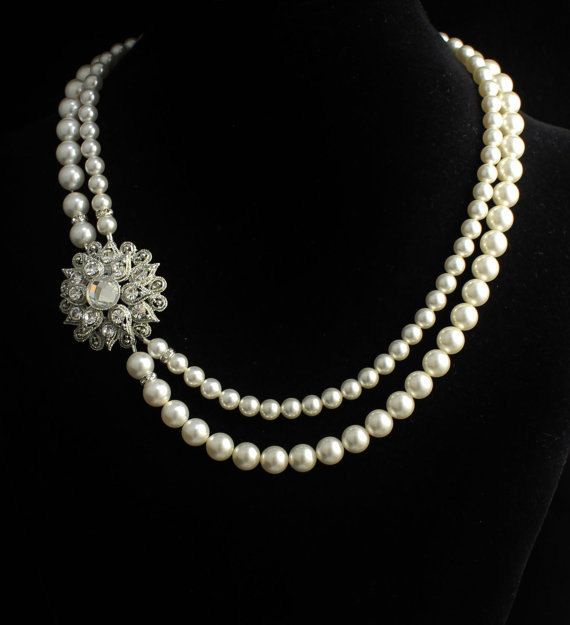 Pearl Bridal necklace in a vintage crystal and double strand pearl design features a Swarovski Crystal encrusted Vintage Victorian style filigree Modern Pearl Necklace Design, Modern Pearl Necklace, Vintage Bridal Necklace, Double Strand Pearl Necklace, Crystal Wedding Necklace, Bridal Pearl Necklace, Pearl Necklace Designs, Gettin Hitched, Pearl Bridal