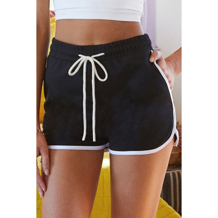 French Terry Contrast Lined Comfiest Shorts With Drawstring 88% Polyester 12% Cotton Stretch Black Shorts For Summer, Black Stretch Shorts For Summer, Black Drawstring Shorts For Summer, Black Stretch Summer Bottoms, Black Drawstring Beach Bottoms, Black Drawstring Shorts For Beach, Black Leisure Bottoms For Spring, Black Drawstring Beach Shorts, Casual Black Beach Bottoms