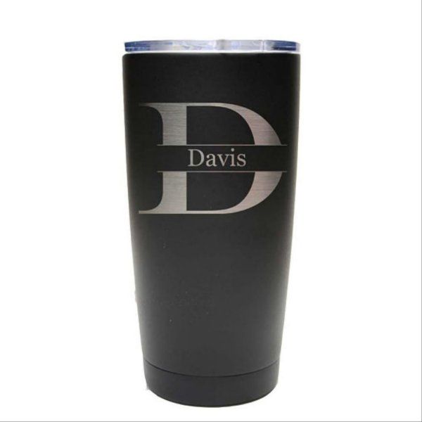 a black tumbler cup with the letter d on it