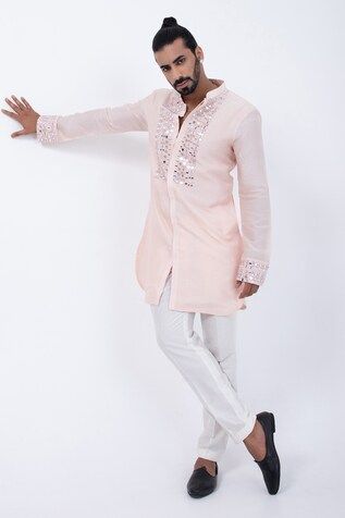 Peach kurta with mirror embellished patterns on placket. Comes with pyjama. - Aza Fashions Traditional Bandhgala With Gota Work For Spring, Traditional Spring Bandhgala With Gota Work, Embellished Cotton Kurta For Eid, Traditional Embellished Cotton Kurta, Men Kurta, Mens Pajamas, Mandarin Collar, Aza Fashion, Pajamas