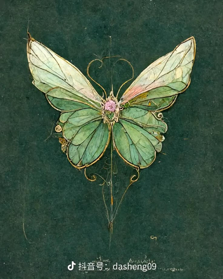 a painting of a green butterfly with gold accents