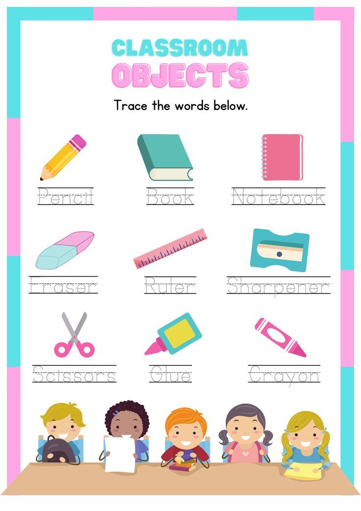 the classroom objects worksheet is shown in pink and blue, with an image of children