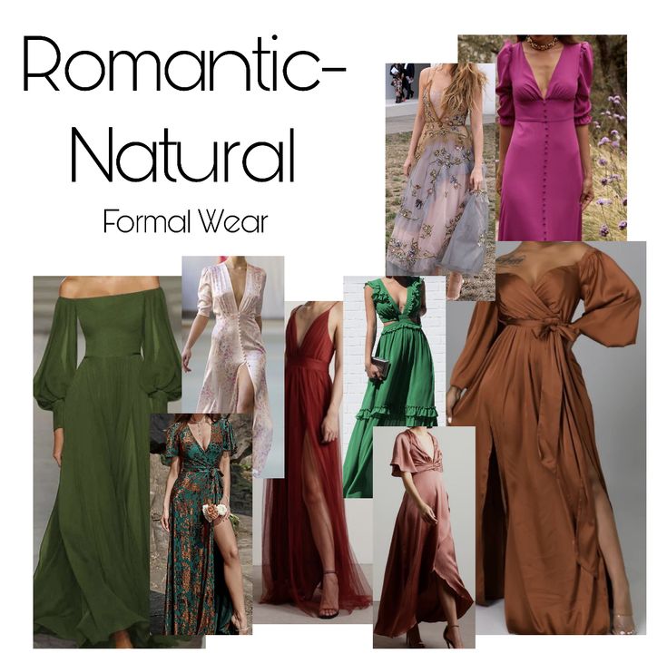 A collage of Romantic-Natural essence inspiration for formal wear. Romantic Classic Essence Style, Soft Natural Kibbe Romantic Essence, Romantic Natural Essence Style, Soft Natural Romantic Essence, Natural Essence Kitchener Outfits, Flamboyant Natural Romantic Essence, Natural Essence Outfits, Romantic Ethereal Style, Natural Romantic Style