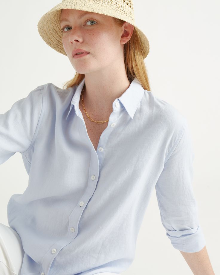 This shirt is the epitome of low-maintenance luxe. As a button-up, it's a classic wardrobe essential, but we love to wear it open as a spring/summer light layer. Our linen is made from 100% European flax, which is more sustainable and less resource-intensive to grow. Linen is the ultimate year-round fabric because it's breathable and naturally heat-regulating.  | Quince | Women's Long Sleeve Shirt in Light Blue, Size Medium, Linen Summer Loungewear, Classic Wardrobe Essentials, Wide Leg Linen Pants, Classic Wardrobe, European Linens, Womens Long Sleeve Shirts, Organic Linens, Linen Clothes, Linen Pants