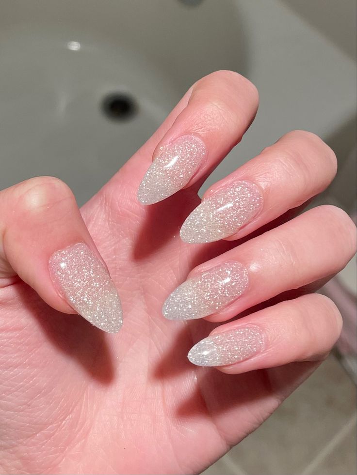 Chunky White Glitter Nails, Milky White Sparkly Nails, Nails For Silver Dress, Silver Glittery Nails, Glitter White Nails, Glitter Almond Nails, White Sparkly Nails, White Sparkle Nails, What Nails