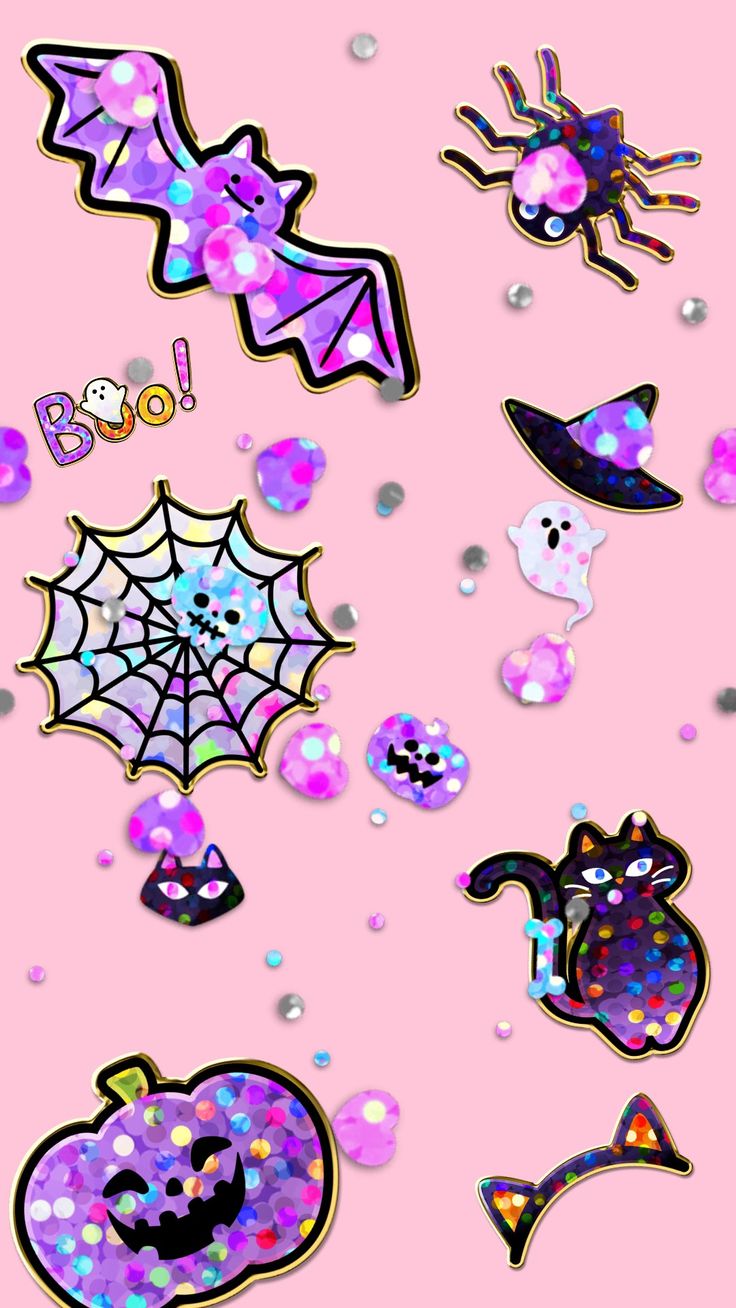 an assortment of halloween stickers on a pink background with glitter and sprinkles