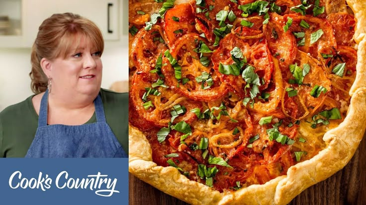 a woman standing in front of a pizza on top of a wooden table with the words cooks