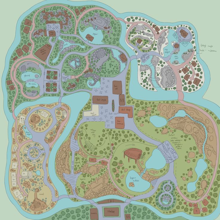 an illustrated map of a park with lots of trees and animals on it's sides