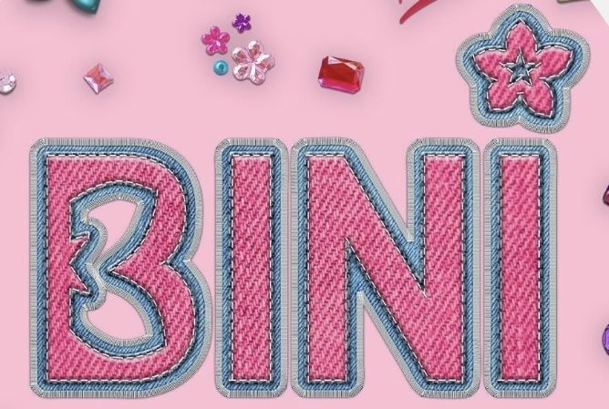 the word bin is made up of different types of beads and other items on a pink background