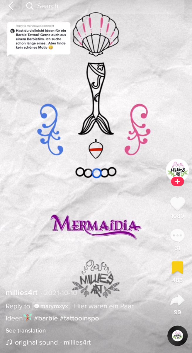 the mermaid logo is shown on top of a piece of paper with other symbols around it