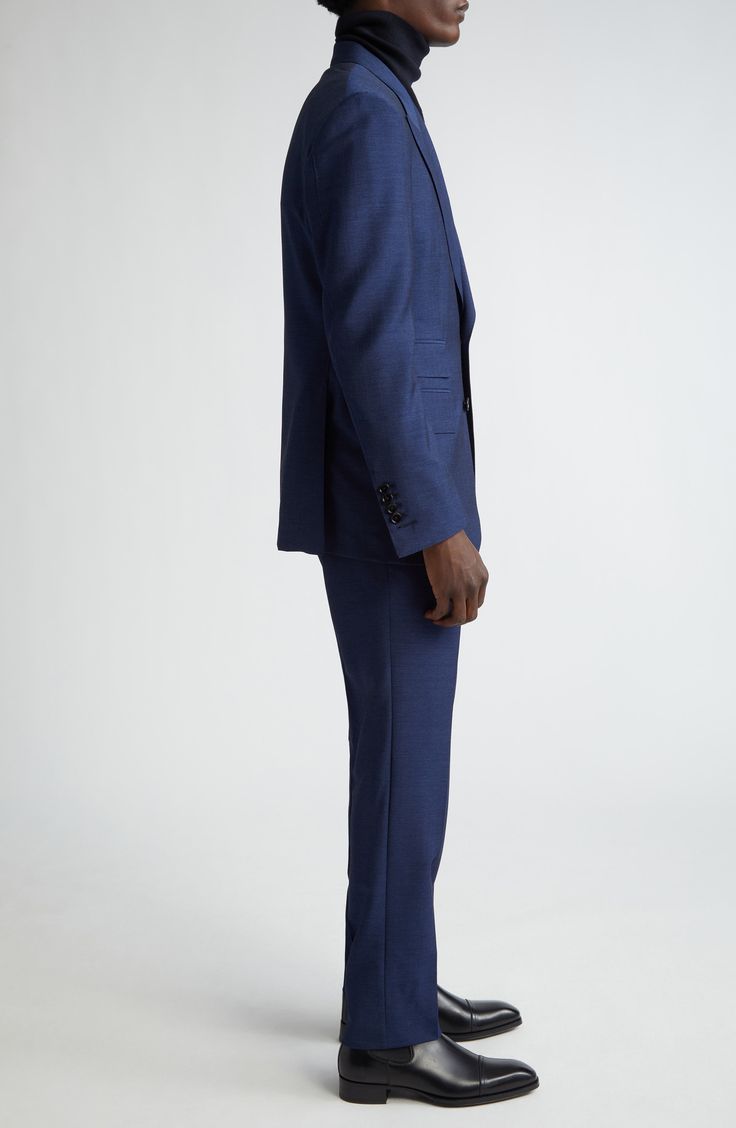 Look your best no matter the event in this Italian-tailored suit cut in a modern silhouette from finely woven cotton-and-silk poplin. Jacket has two-button closure; peaked lapels; four-button cuffs; chest welt pocket; front flap pockets; ticket pocket; back vent Pants have zip fly with hook-and-bar closure; adjustable waist; front slant pockets; back button-welt pockets Unhemmed Jacket is partially lined 60% cotton, 40% silk Dry clean Made in Italy Designer Clothing Fitted Suits With Concealed Placket For Spring, Modern Fitted Pantsuit With Notch Lapel, Blue Suits With Flat Front For Work, Fitted Notch Lapel Pantsuit With Structured Boning, Fitted Outerwear For Business Casual With Straight Hem, Fitted Pantsuit With Structured Boning And Notch Lapel, Modern Blue Suit For Business Casual, Tailored Blazer With Straight Hem For Formal Occasions, Modern Blue Suits For Business Casual