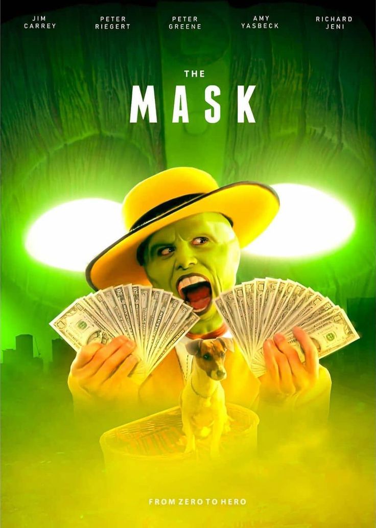 a movie poster with a man in a yellow hat holding money and an open mouth