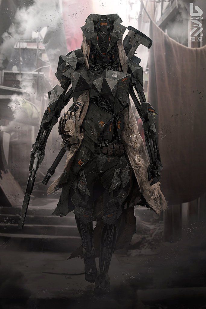 a sci - fi character is standing in the middle of an alley