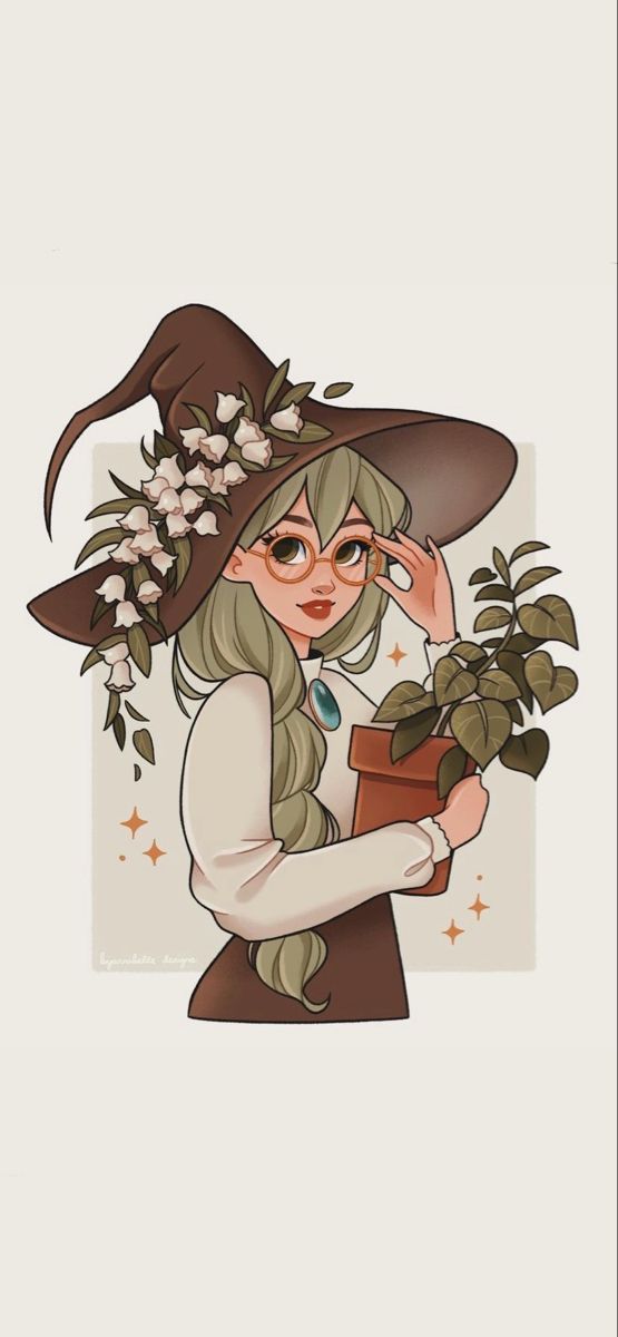 a drawing of a woman in a witches hat holding a pot with flowers on it