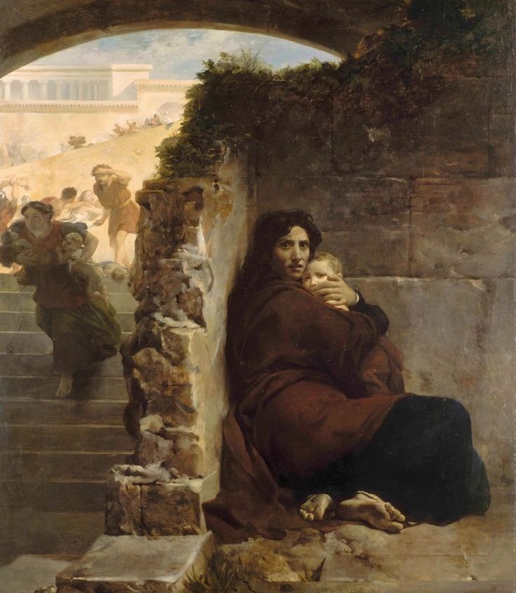 a painting of a woman sitting on the steps with her child in her lap and other people around her