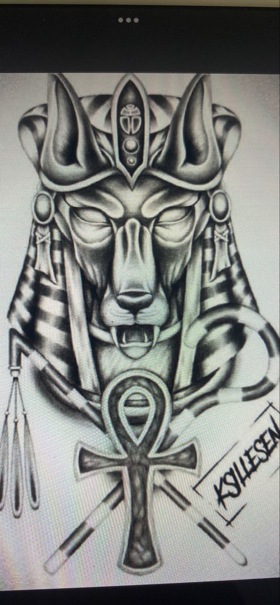 an image of the egyptian god and his symbols on a tablet computer screen with pen and ink