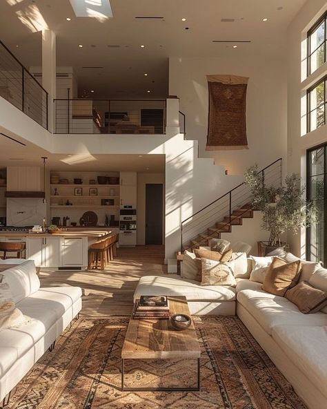 a living room filled with lots of furniture next to a stair case in front of a window