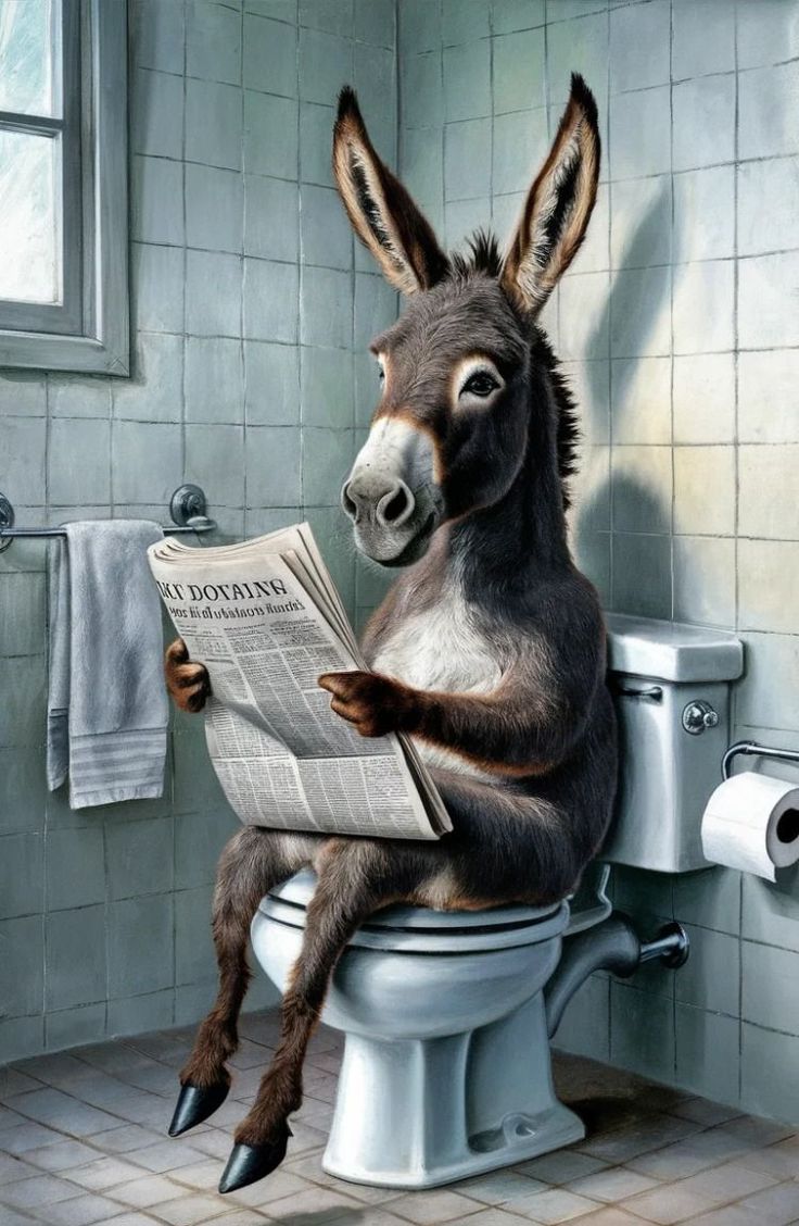 a donkey is sitting on top of a toilet reading a newspaper while holding it's paws up