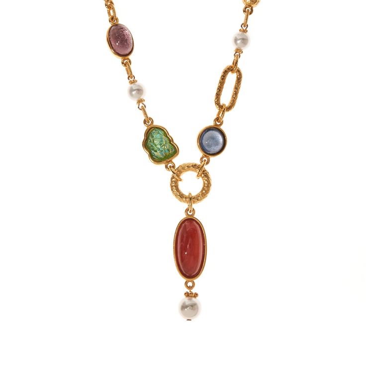 With the Mitzi Necklace from our Gilda Collection, you'll find sophistication, style, and class all in one stunning piece of jewelry. This 16''L drop 2 1/2'' L necklace is handcrafted from 24K gold electroplated metal, glass pearls, Czech Republic glass stones, and bohemian glass vintage stones with gold leaf. It's the perfect accessory for any outfit, whether you're dressing up for a night out or just want to add a touch of glamour to your everyday look. The lobster claw closure ensures a secur Gold Beaded Glass Necklace, Unique Gold Beaded Glass Necklaces, Colorful Murano Glass Beaded Necklaces, Artisan Gold Glass Necklace, L Necklace, Jewelry Stack, Beautiful Pendants, Elegant Gold Murano Glass Necklace, Family Jewels