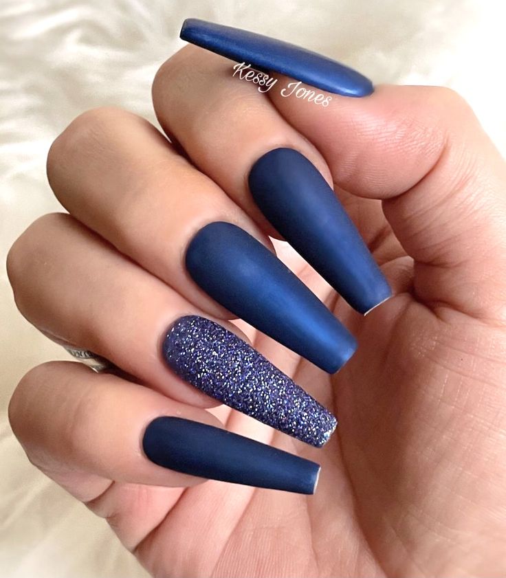 Deep Blue Nails Designs, Navy Blue Nails Acrylic, Blue Prom Nails, Blue Matte Nails, Quince Nails, Blue And Silver Nails, Gucci Nails, Nail Aesthetic, Blue Coffin Nails