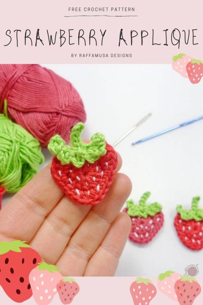 crochet strawberry applique in the palm of someone's hand with strawberries on it