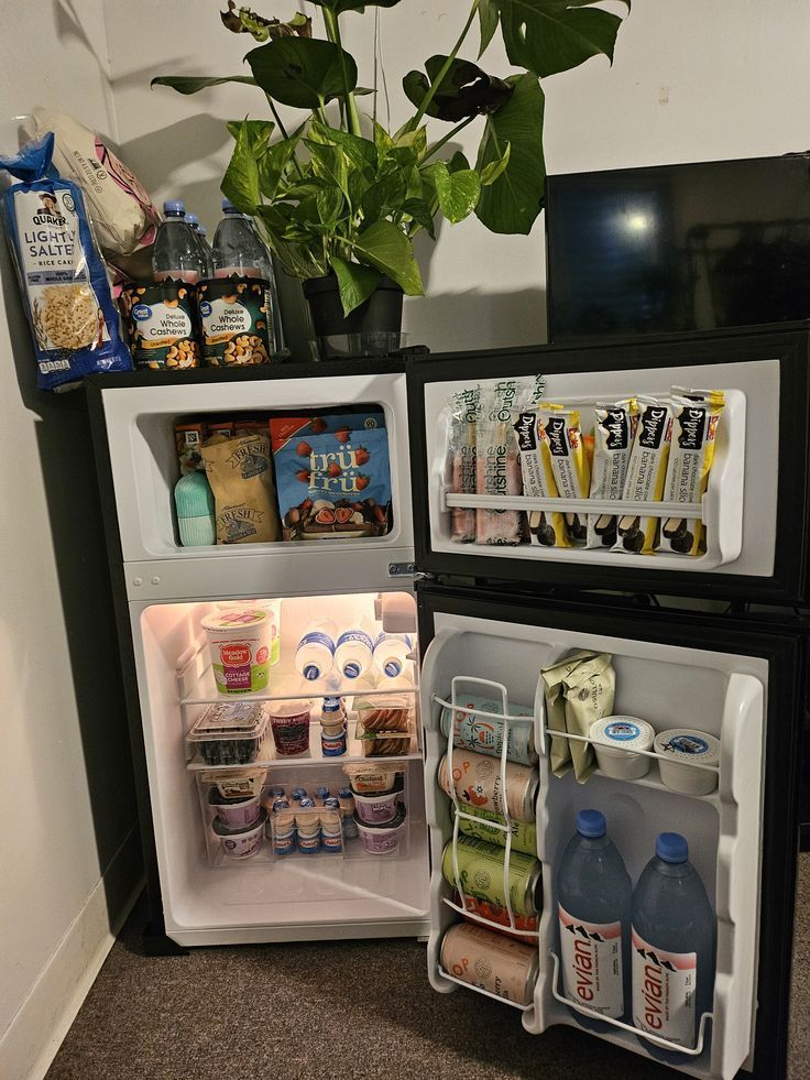 an open refrigerator filled with lots of food next to a potted plant on the floor