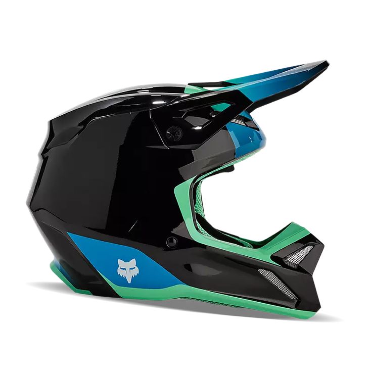 a black helmet with blue and green details on the side, against a white background