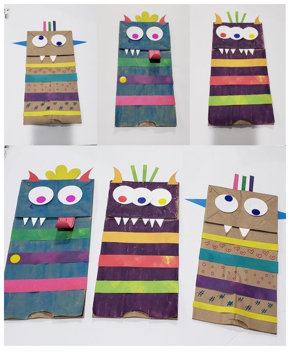 four pictures of different types of paper bags with faces and mouths on them, all made out of strips of colored construction paper