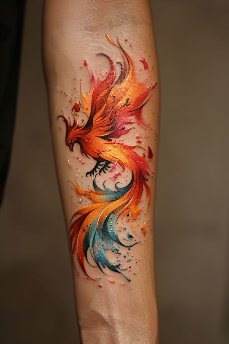 a colorful bird tattoo on the left arm and leg, with watercolor splashes all over it