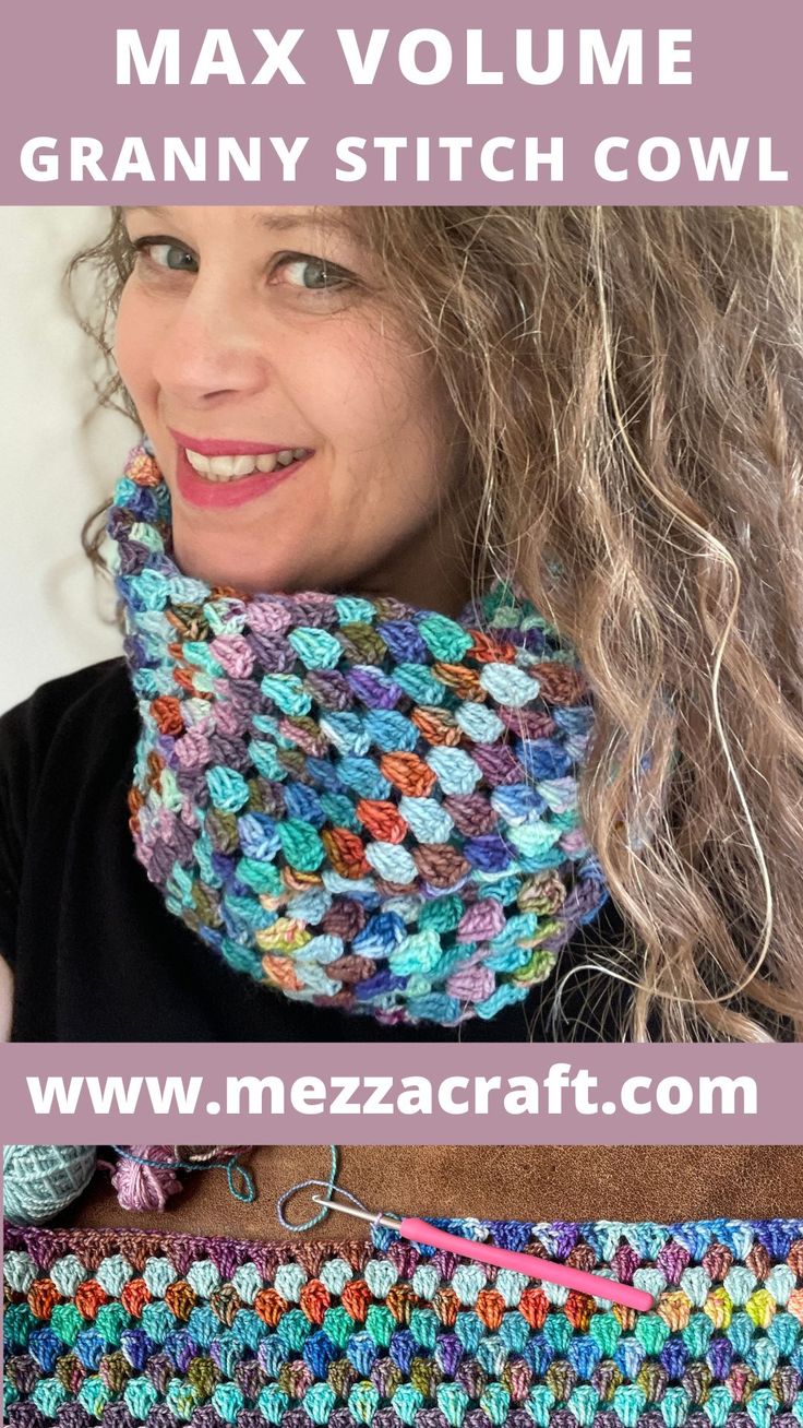 woman with long wavy hair wears multi-coloured striped crochet cowl Hand Dyed Yarn Crochet Patterns, Mini Skein Projects, Sock Yarn Crochet, Crochet Modern, Crochet Granny Stitch, Cowl Crochet Pattern, Max Volume, Crochet Scarf Easy, Crochet Cowls