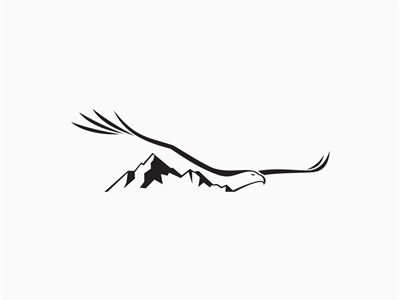 an eagle flying in the sky with mountains and clouds behind it on a white background