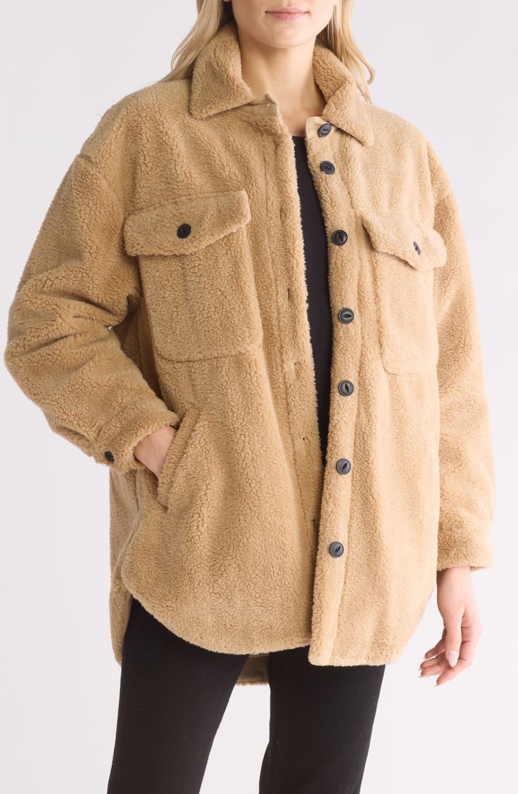 An oversized fit enhances the cozy style of a fluffy faux-shearling shirt-jacket fashioned with multiple pockets and a curved hem. 31" length (size Small) Front button closure Point collar Chest button-flap patch pockets; front welt pockets Lined, with 100% polyester fill 100% polyester faux shearling with 100% cotton contrast Dry clean Imported Cozy Style, Cozy Fashion, Jacket Style, Welt Pockets, Rebecca Minkoff, Shirt Jacket, Nordstrom Rack, Blazer Jacket, Dry Clean