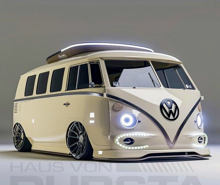 the vw bus is white and has lights on