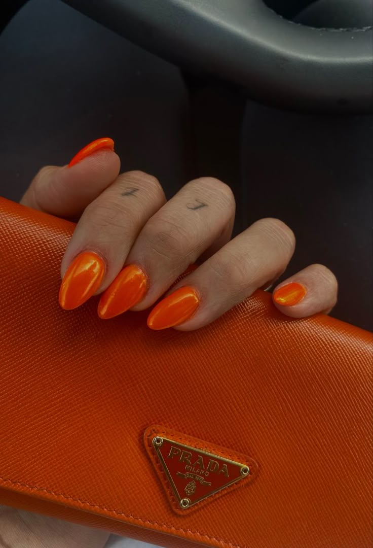 Neon chrome nails, orange chrome, orange nails, nail inspo Orange Chrome Nails, Orange Chrome, Neon Orange Nails, Orange Acrylic Nails, Nails Orange, Nails Neon, Nails Chrome, Nail Candy, Almond Acrylic Nails