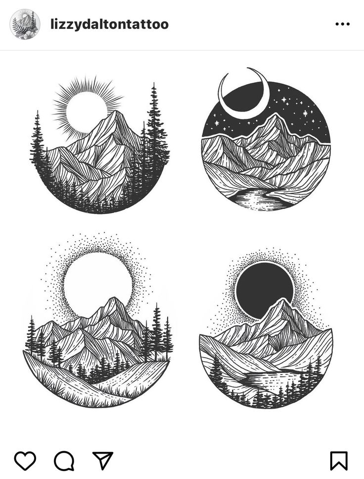 four different mountains and trees with the moon in the sky above them, on a white background