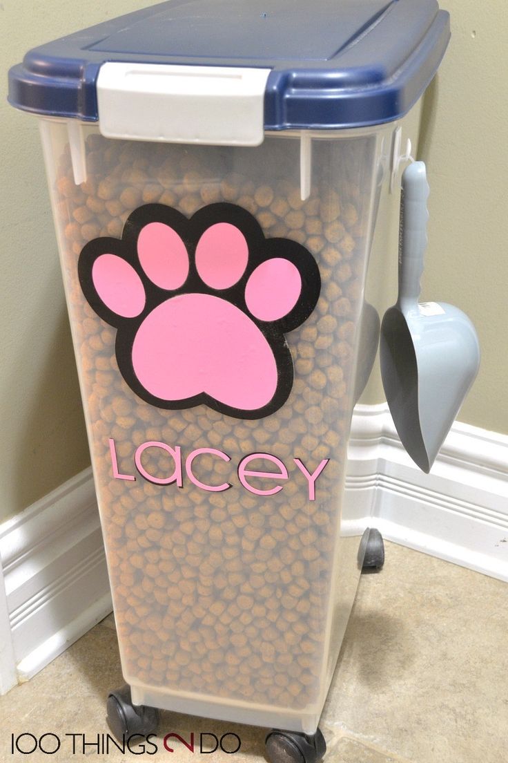 a plastic storage container with a paw print on the front and bottom, sitting next to a wall