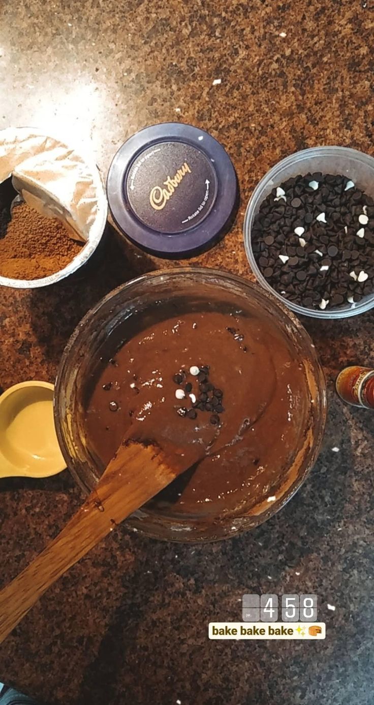 the ingredients for chocolate cake are in bowls