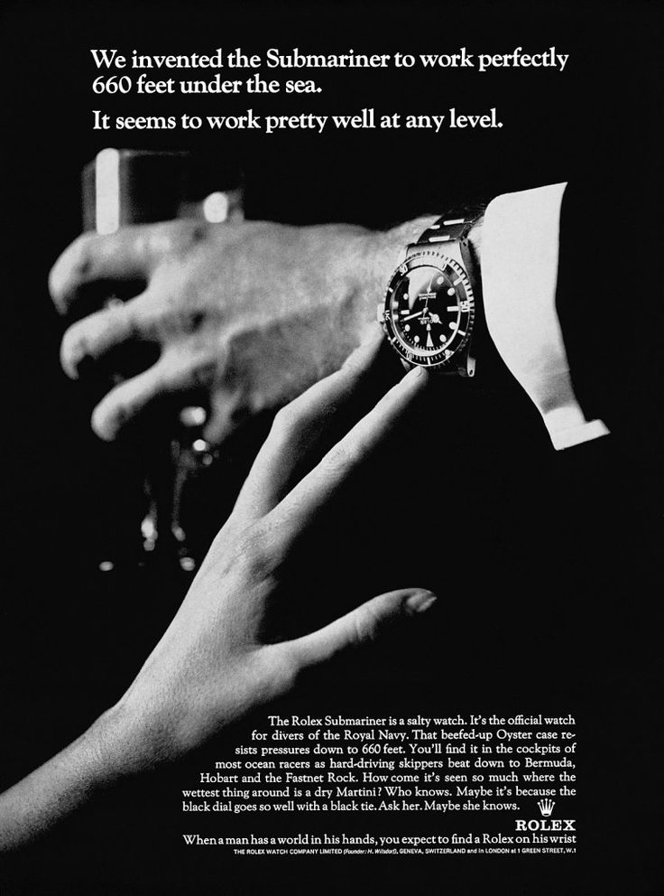 This is great! 1965 Rolex Submariner Ad - Original link here: http://www.ad60.com/2010/09/14/1965-rolex-submariner-ad/ Rolex Submariner 5513, Dry Martini, Rolex Submariner No Date, Submariner Date, Watch Ad, Rolex Explorer, Modern Watches, Rolex Men, Vintage Rolex