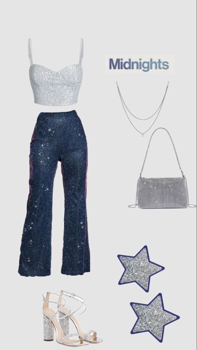 a white top and blue pants with stars on the bottom, two silver purses