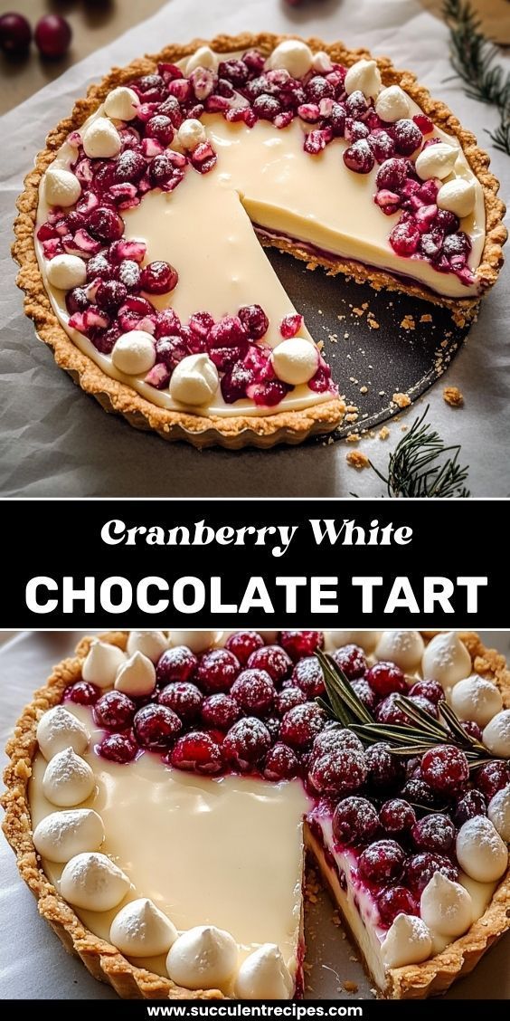 a pie with cranberry white chocolate tart in the middle and on top