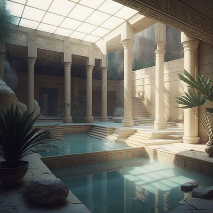 an indoor swimming pool surrounded by stone steps and pillars with plants in pots on either side