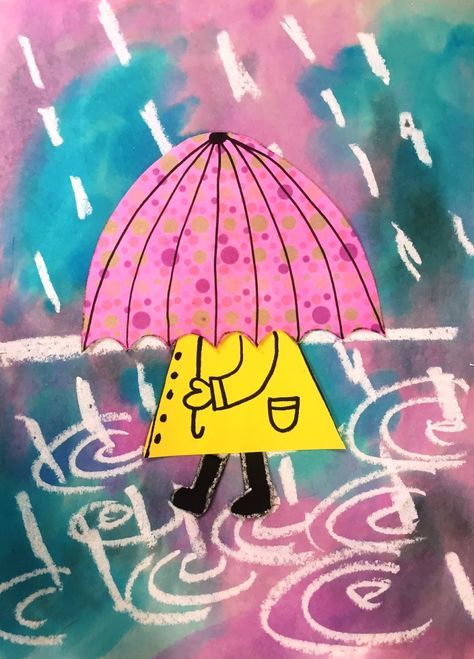 a drawing of a person walking in the rain with an umbrella over their head,