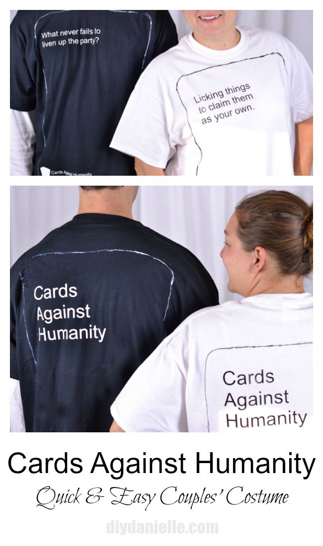 two people wearing t - shirts with the words cards against humanity printed on them