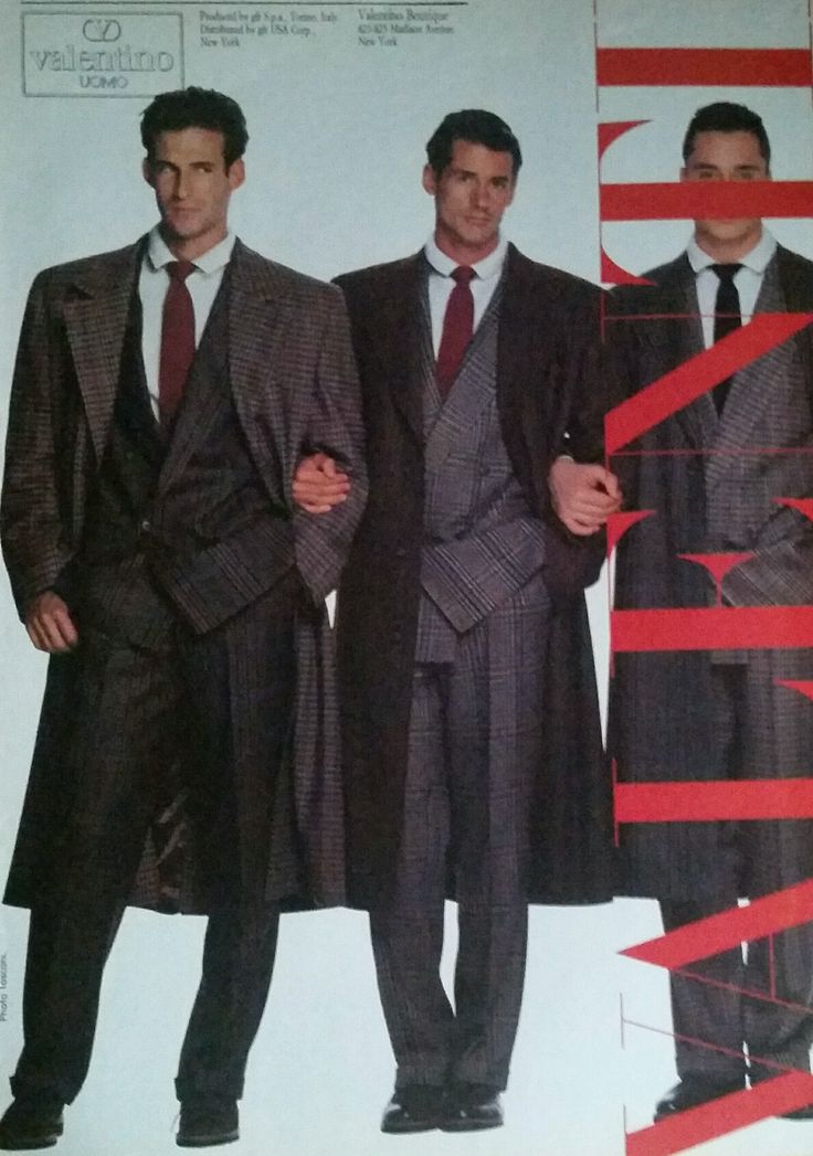 Valentino (1986). The Line-up. Yuppie Fashion 1980, 80s Mens Suit, 80s Yuppie Fashion, Valentino Suit Men, 80s Yuppie Aesthetic, 80s Businessman, 80s Suits Men, Yuppies Fashion, Suits 90s