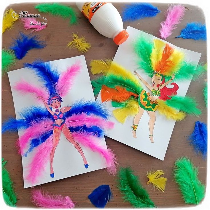 Activité manuelle et créative enfants. Fabriquer des danseuses de samba brésiliennes avec des plumes colorées - Coloriage, collage et couleurs - Danse et Musique - pour le carnaval de Rio de Janeiro ou mardi-gras - Bricolage DIY. Pour l'école maternelle (Cycles 1, 2). Activité pour l'IEF, l'école à la maison, le co-schooling ou en classe - Découverte d'un pays - Tour du monde créatif - Brésil et Amérique du Sud - Voyage - espace et géographie - mslf Carnaval Kids, Rio Festival, Mardi Gras Diy, Carnival Dancers, Carnival Crafts, Circus Crafts, Theme Carnaval, Brazil Art, Diy Carnival