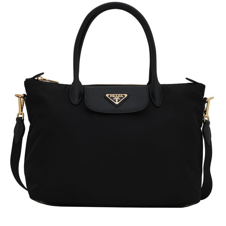 This Prada black shopping tote is classic as well as luxurious. With plenty of room for all your essentials you canÂ pack up and go almost anywhere. Signature gold-tone hardwareÂ is a glamorous contrast toÂ the durable and light-weight nylon. There isÂ also luxurious Saffiano calf leather trim on the bag. Ideal for theÂ sophisticated lady who prefers an understated bag with effortless practicality. There are two leather drop handles for easy carrying as well as a detachable shoulder strap. The b Designer Things, Pack Up And Go, Handcrafted Handbags, Sophisticated Lady, Prada Tote Bag, It Bags, Genuine Leather Handbags, Office Bag, Trendy Handbags